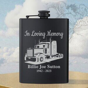 Personalized Loving Memory Big Rig Truck Memorial Black Flask | Memorial | Flask